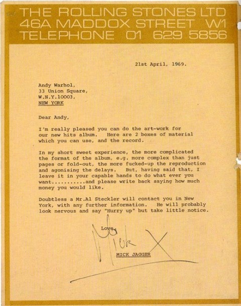 mick jagger letter to andy warhol