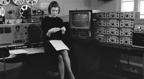 Delia Derbyshire in Room 12, along with her full panoply of equipment.